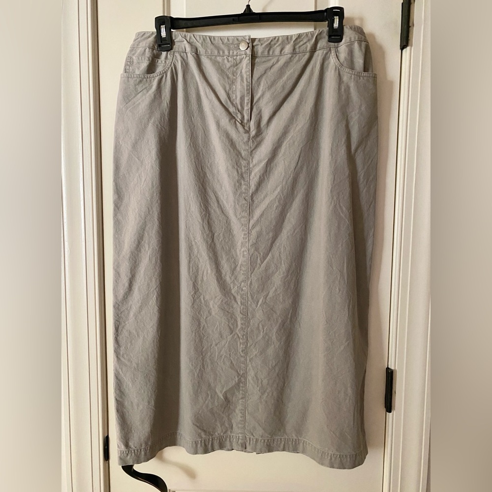 Eileen Fisher long khaki cotton chino column skirt XL waist apx 18”